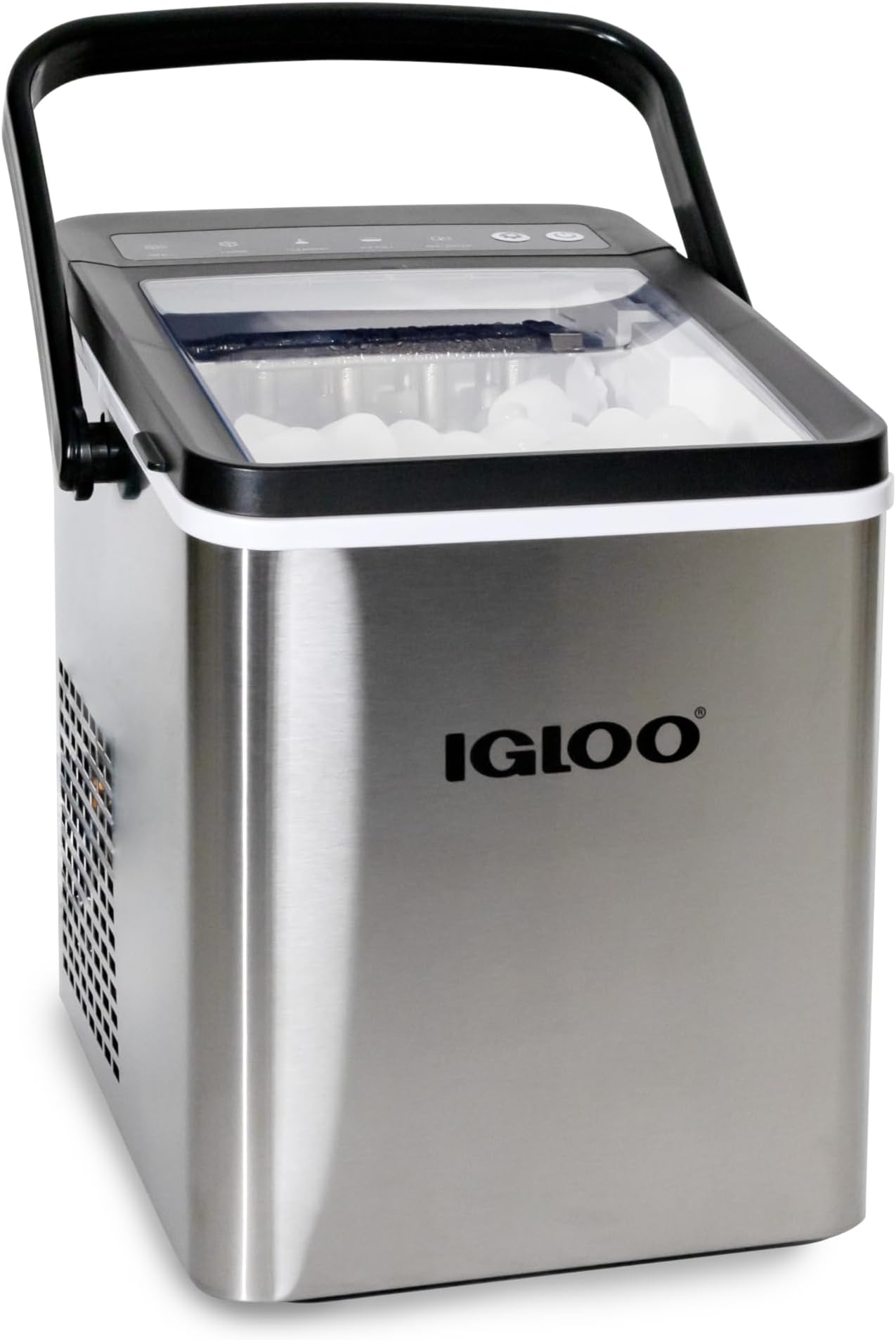 Igloo Handled Portable Ice Maker with Scoop- Ice Maker with LED Control Panel & 1 Quart Water Tank-Ice Cube Maker Produces 26 Lbs of Ice in 24 Hours with 9 Large or Small Cubes In 7 Minutes- Stainless