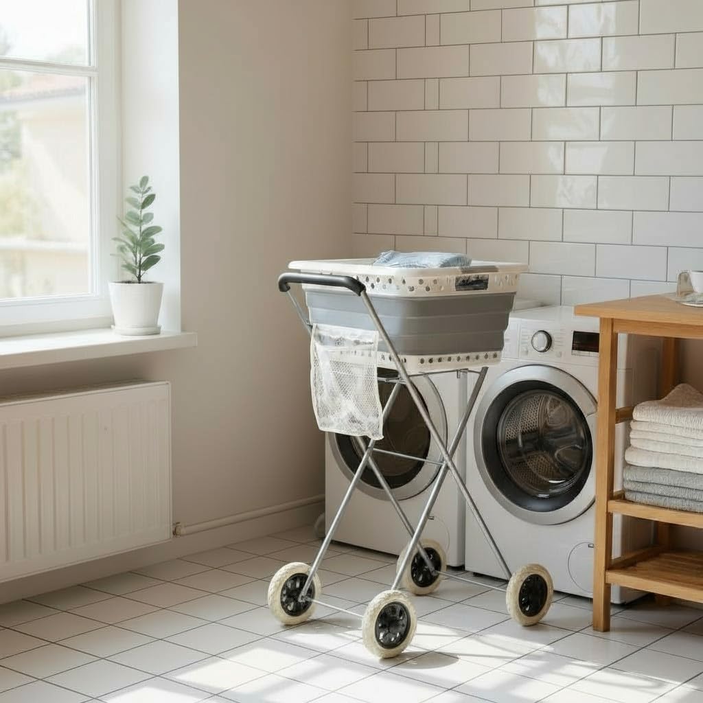 Cesta para la colada con ruedas – Fácil de transportar y colgar la ropa – Ahorra espacio y protege la espalda – Cesta para la colada con dimensiones de 66 x 44 cm aprox