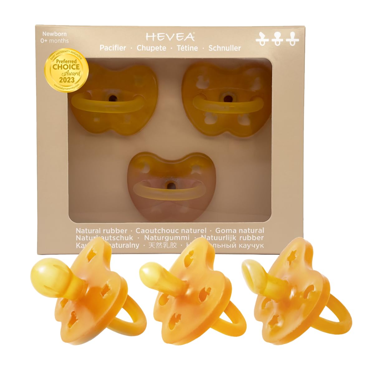 HEVEA Trial Trio-Pack Baby Dummies Newborn in Natural Rubber Pacifier  Starter Pack with Three Teat Mix for Newborns 0+ Months, (Natural)