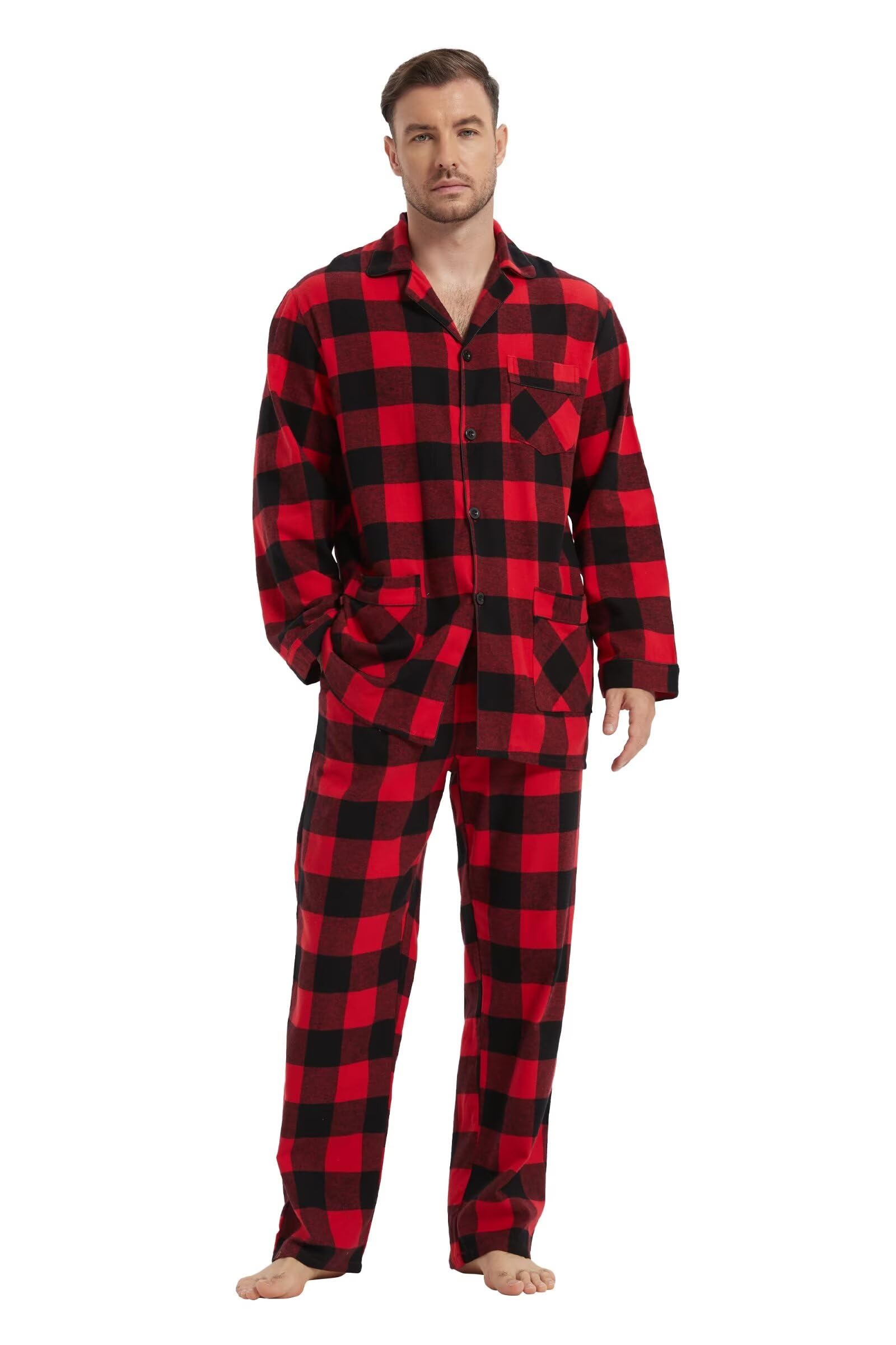 Pigiama da uomo in 100% flanella di cotone tinto in filato a quadri, comodi pantaloni pigiama con tasche e coulisse in vita, pigiama invernale da uomo
