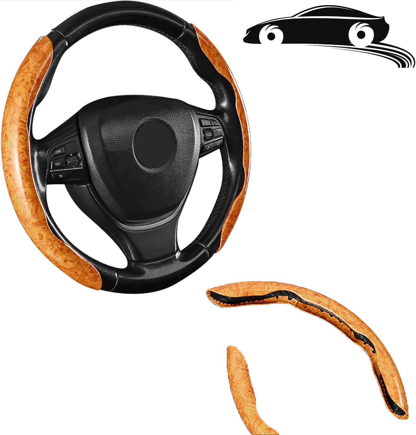 Car Wood Grain Steering Wheel Cover, Universal Anti-Skid Segmented Auto Steering Wheel Protector, Automotive Interior Accessories for Most Vehicles (Black)