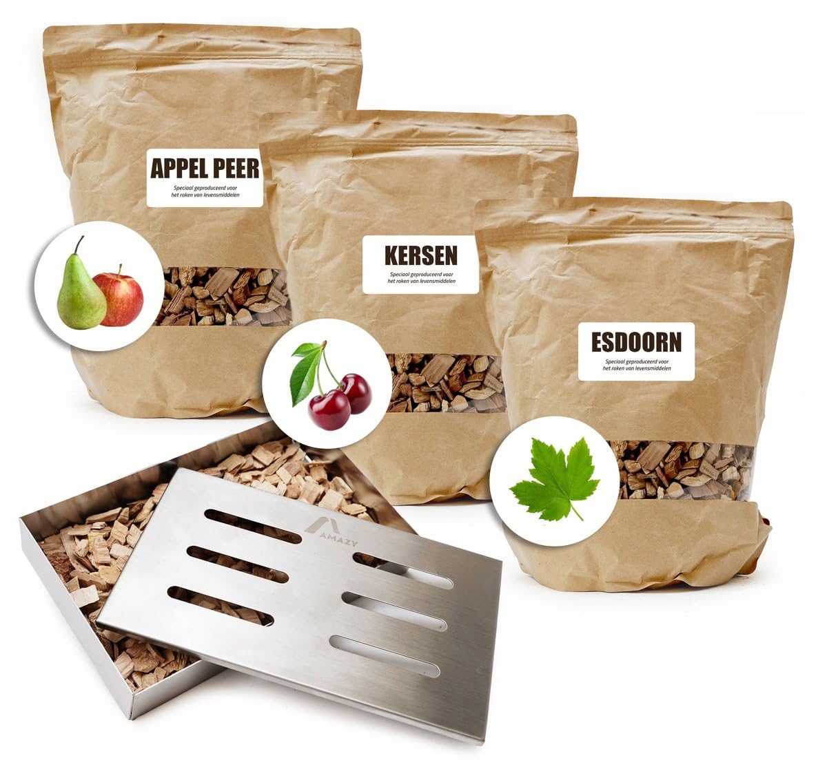 Set di legno per affumicatura in acciaio INOX, completo di 3 trucioli per affumicatura da 4 l