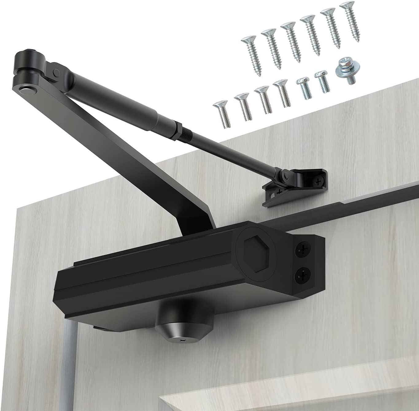 Automatic Door Closer Size 2 Suitable for Door Weight 25~75kg Spring Hydraulic Door Closer Aluminum Alloy Material Heavy Duty Easy Installation H-1322/H-1683/H-1883 (GK-1883(Size 2), Black)