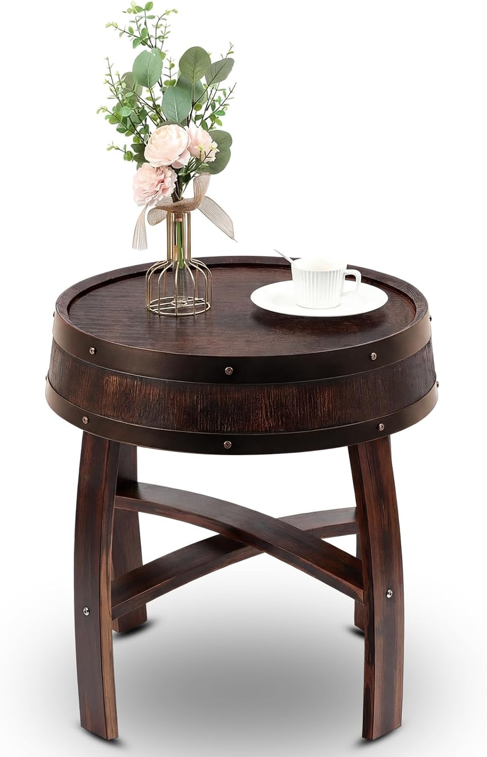 Cinnvoice Whiskey Barrel End Table, Rustic Farmhouse Round Coffee Side Table, 22.2 Inch Handcrafted Oak Wine Barrel Decor – Unique Father's Gift for Dad(Walnut)
