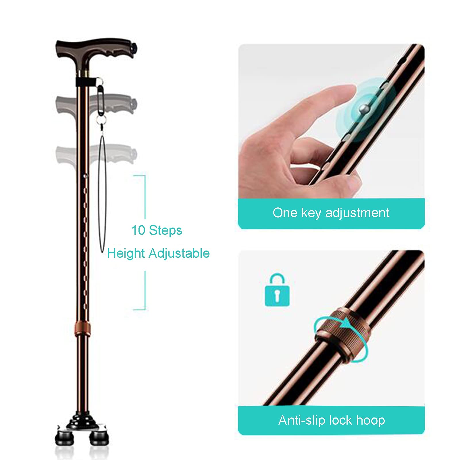 Altura Ajustable de bastón de bastón de Caminata marrón, bastón de Caminata Extensible no Plegable, Bastones con Mango ergonómico y Correa de muñeca, Base Antideslizante