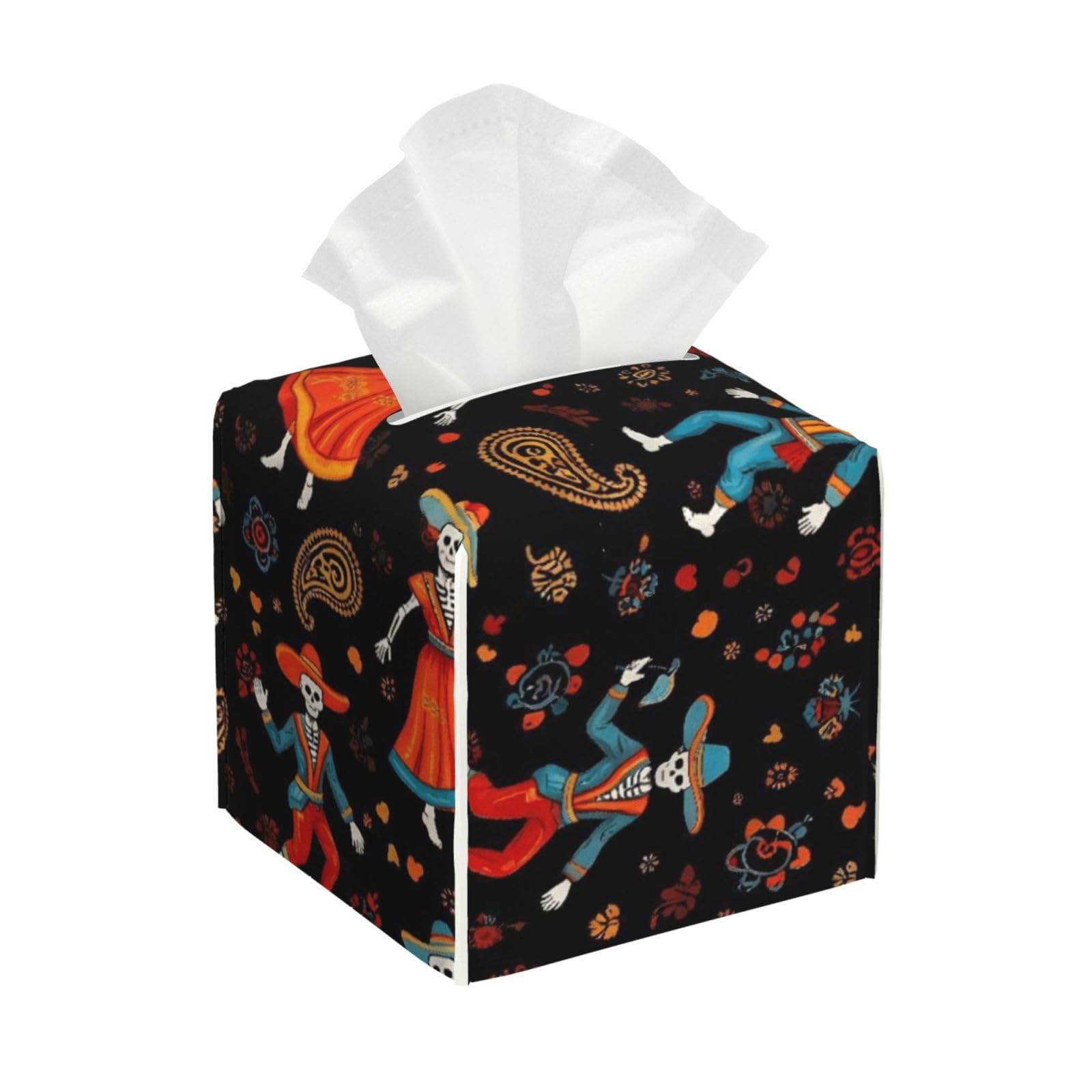 Mexican Day Dead Sugar Skulls Skeleton Paisley Art Leather Tissue Box Cover Holder Square Facial Paper Organizer 5.2" X 5.2" X 5.2"