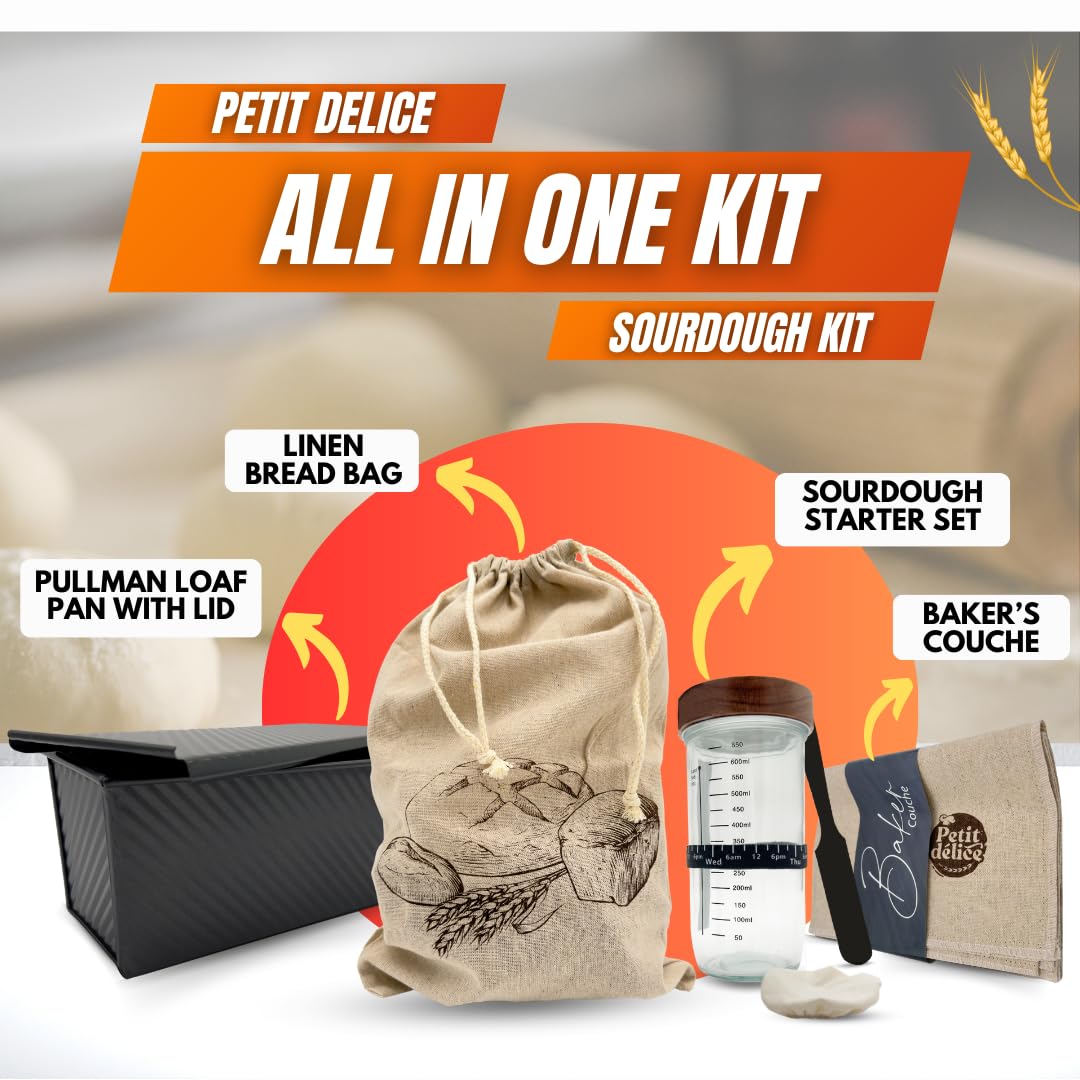 Petit Delice Bread Making Kit – 2lb Pullman Loaf Pan with Lid, 24oz Sourdough Starter Jar, Linen Couche, Bread Bag, Proofing Cloth – Sourdough Kit for Beginners