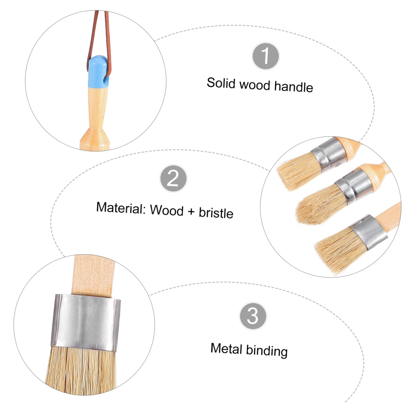 HOMSFOU Set 3 Pennelli Rotondi Manico in Legno per Vernice e Cera, Setole Naturali di Cinghiale per Pittura Artistica e Decorazioni Casa, Strumenti Cinghie in Pelle per Artisti e Hobbisti