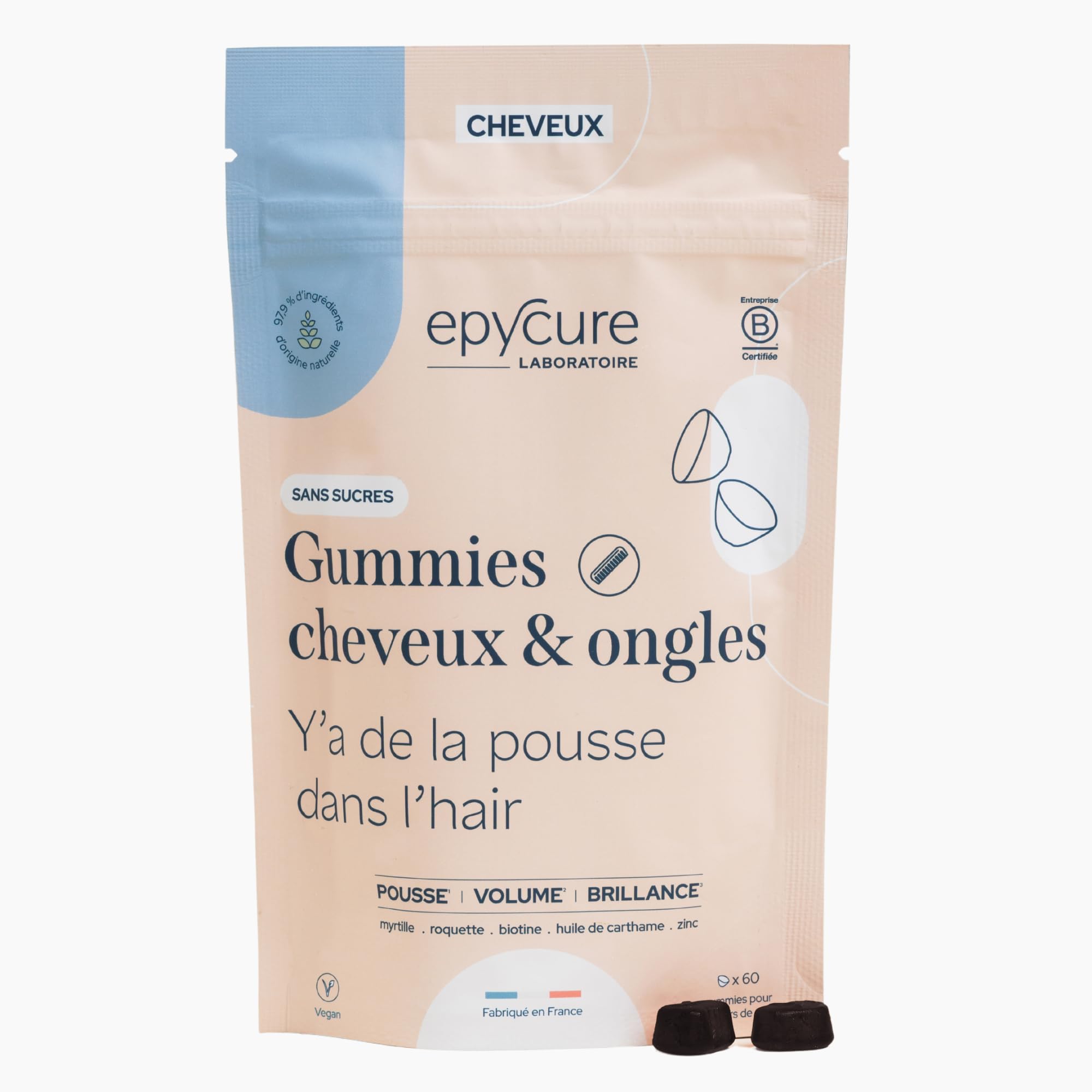 EPYCURE - Gummies Cheveux & Ongles Sans Sucres - Stimule Pousse, Brillance & Résistance - 97% Naturel - Vitamines B6, B5, Biotine, Graine de Carthame - 1 Mois - Vegan - Fabriqué en France