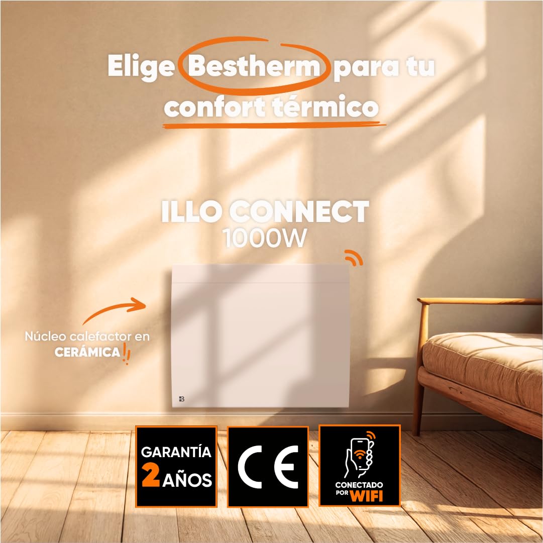 BESTHERM - Radiador eléctrico fijo conectado WIFI con inercia seca cerámica 1000 W Bestherm ILLO CONNECT horizontal blanco