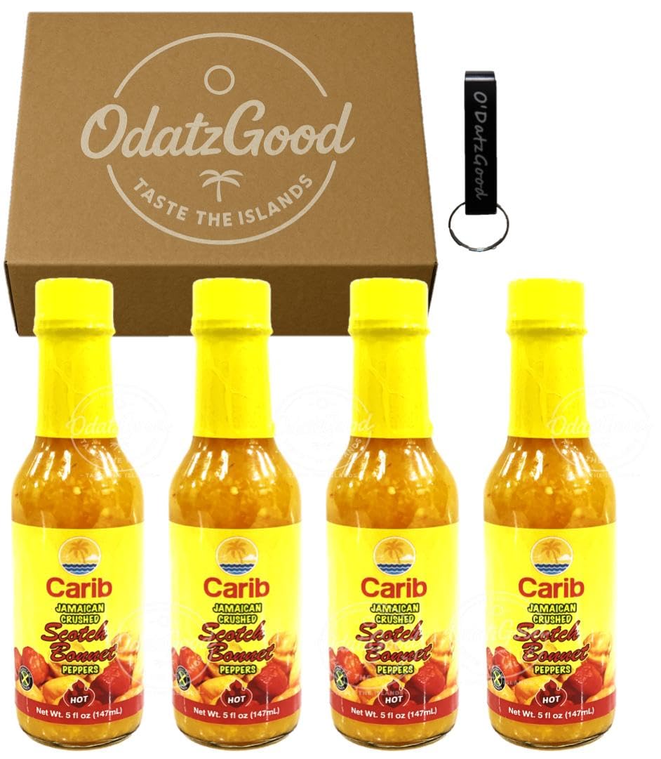 Carib Jamaican Yellow Crushed Scotch Bonnet Peppers 5oz Pack of 4 Packaged w/ODatzGood (Pack of 4)