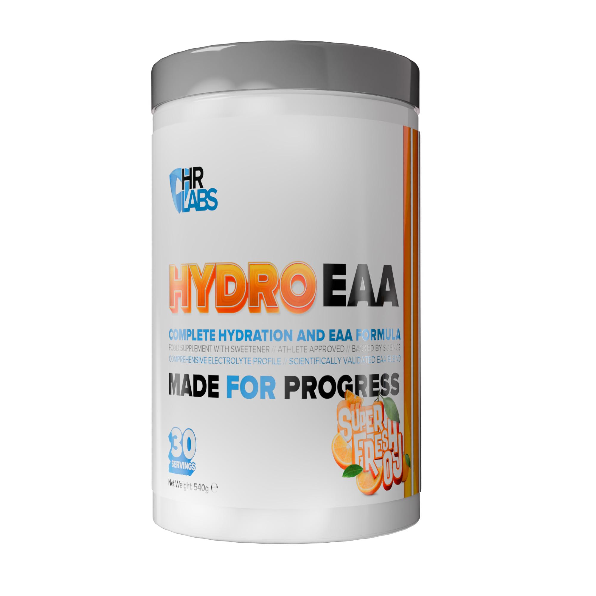HydroEAA, Complete Hydration & EAA Essential Amino Acid Formula, with Comprehensive Electrolytes Profile, 540g, 30 Servings, 4 Flavours (540g, Super Fresh OJ)