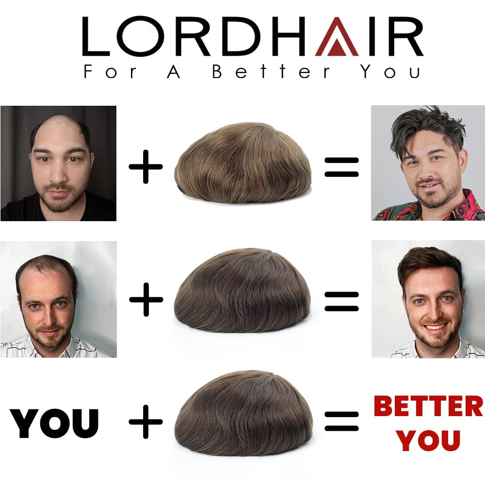 Lordhair Knotenlos Toupet für Männer, Haut Eben Injiziert Spitzenfront Mensch Haar System, Basisgröße 8x10 Zoll Leichte Mittlere Dichte Herren Haarteil