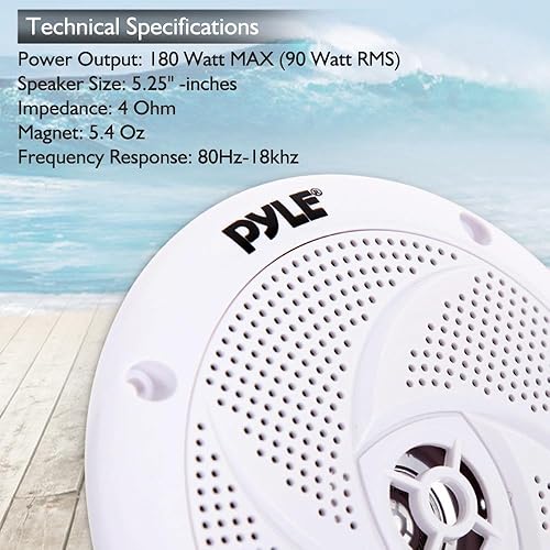 Miniatura 5 de Pyle Altavoces marinos - 5.25 pulgadas, 2 vías, impermeable y resistente a la intemperie, sistema de sonido estéreo de audio para exteriores con 180
