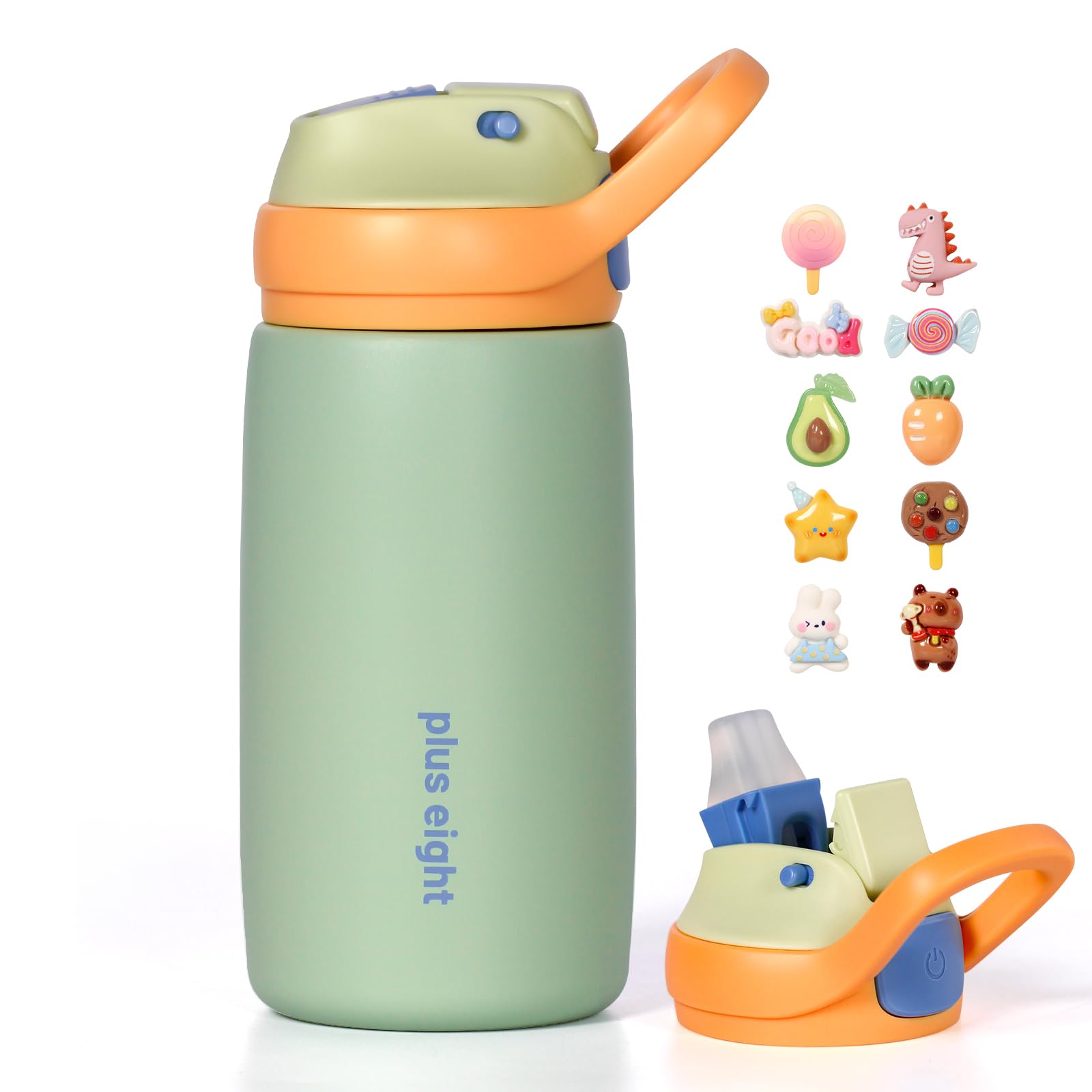 pluseight Kids Insulated Water Bottle with Straw Lid, 350ml BPA-Free Double Wall Vacuum Tumbler 18/8 Stainless Steel Leak Proof Keep Drinks 12h Hot & 18h Cold (Green)