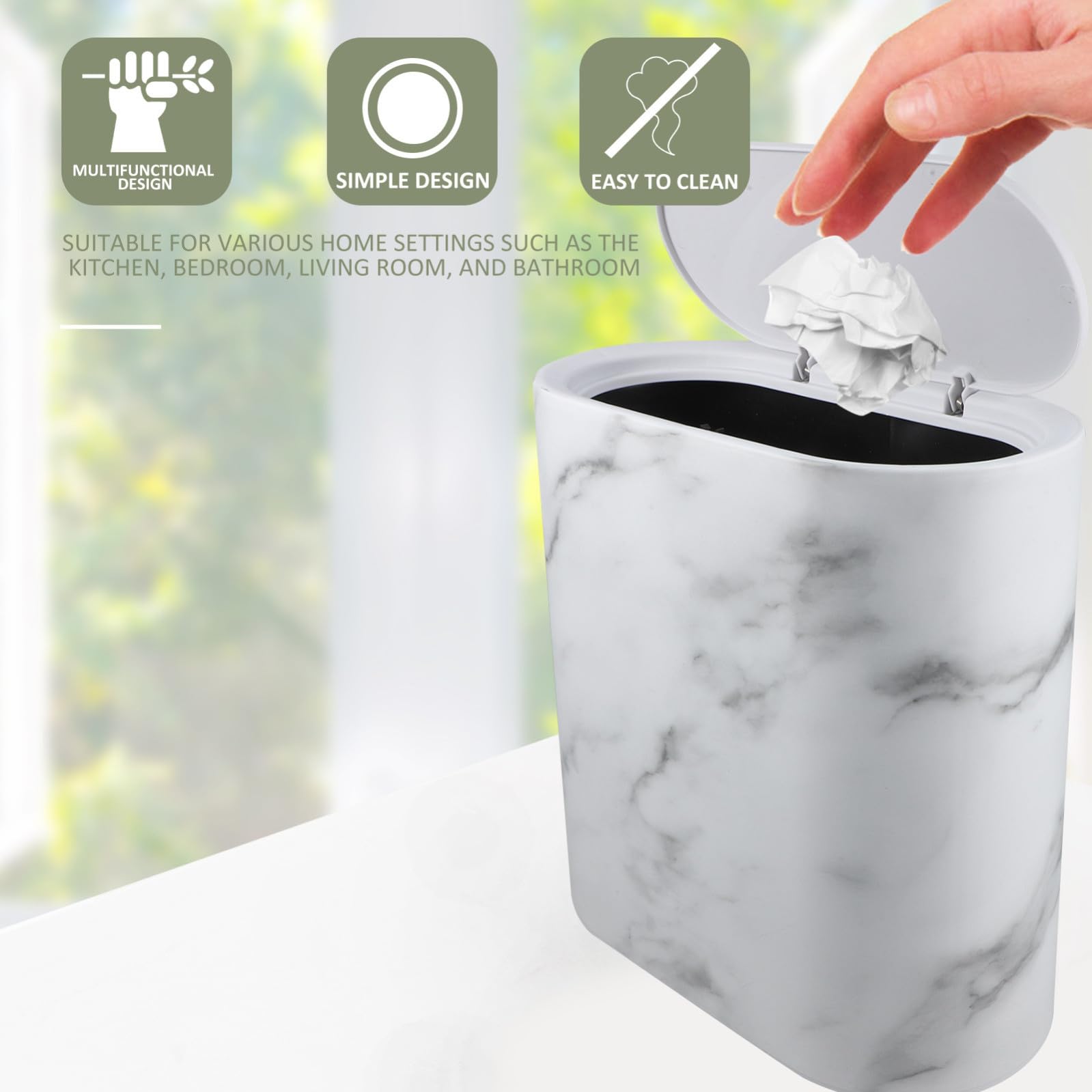 Hemobllo Spazzatura con Finitura Effetto Marmo Raffinato Bidone con Coperchio in Plastica Stretto Capacità Moderata, Design Salvaspazio per Cucina e Camera da Letto