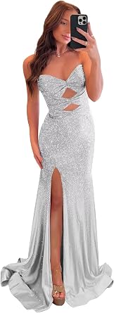 Bolodoo Sparkly Sequin Prom Dresses for Women Long Mermaid Strapless Formal Gown with Slit