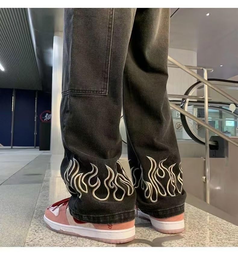 Y2k Hip Hop Flame Print Oversized Jeans for Men Acubi Baggy Denim Casual Pants Wide Leg Trousers Multi Pockets4