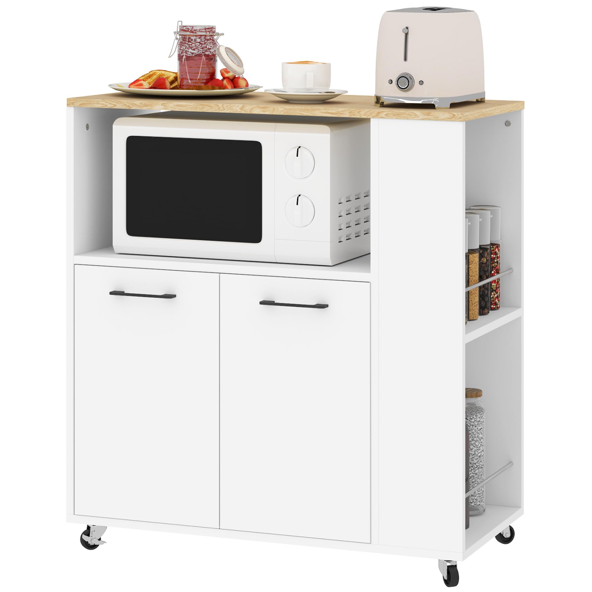 HOMCOM Desserte de Cuisine à roulettes avec Plan de Travail, Îlot Central Cuisine avec 2 Portes, Compartiment Ouvert, étagère réglable et Porte-épices, pour Salle à Manger, 75x40x80,5cm, Blanc