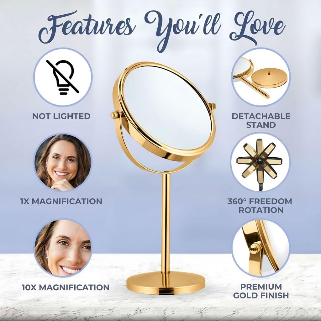 MIRRORVANA 10X Magnifying Makeup Mirror on Round Stand for Tabletop, Bedroom Vanity Desk and Bathroom Counter - Free Standing Double Sided 10X/1X Magnification Mirror - 7" Wide and 14" Tall (Gold)