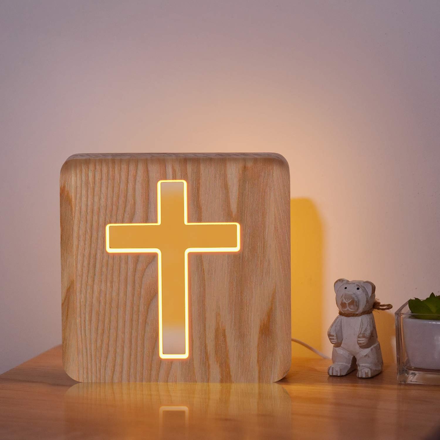 Lampeez Jesus Cross Wooden Lamp Novelty Night Light 3D Illusion lamp for Kids, Kids Decoration Lamp USB Power Bedroom Decor Xmas Holiday Christian Birthday Gifts for Boy Girl
