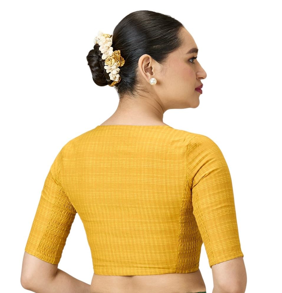 Image of Studio Shringaar Women Cotton Half Sleeve Madras Checks Saree Blouse with Stretchable Sides