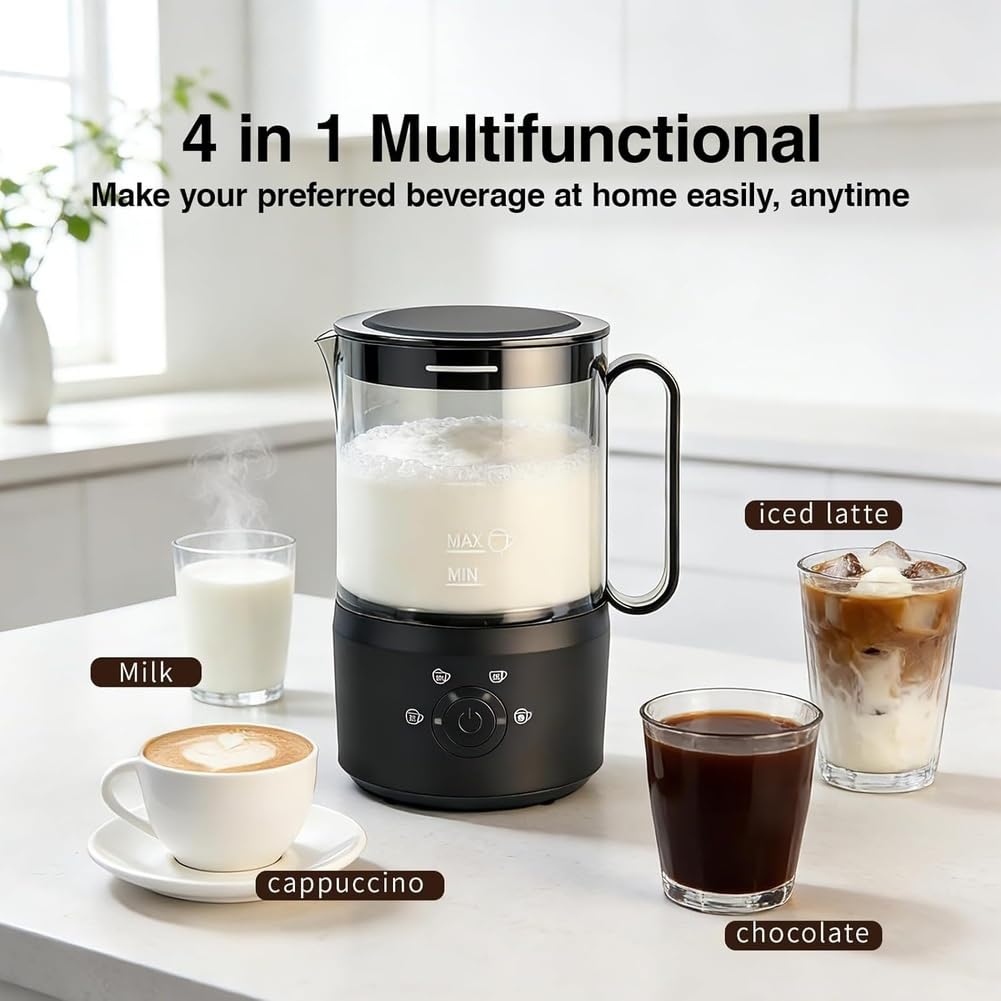 Moussisseur à Lait Électrique 4 en 1 (300 ML), Mousseur à Lait Automatique Chaud et Froid pour Café Glacé et Lattes, Prise Européenne