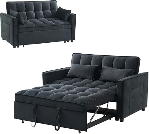 Miniatura 9 de Sofá cama, sofá cama extraíble de terciopelo 3 en 1 con reposabrazos, bolsillos de almacenamiento y 2 almohadas, respaldo ajustable, sofá cama
