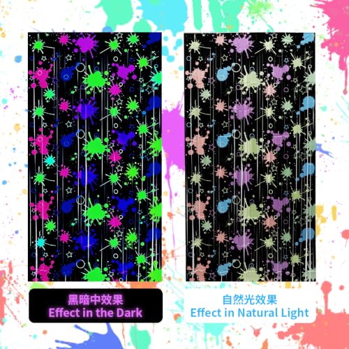 Image of TONIFUL 2Pcs Black Fluorescent Splatter Star Metallic Foil Fringe Curtains | 3.3ftx6.6ft Neon Glow Birthday Party Tinsel Streamers Backdrop for Halloween Bachelorette Graduation Homecoming Decorations