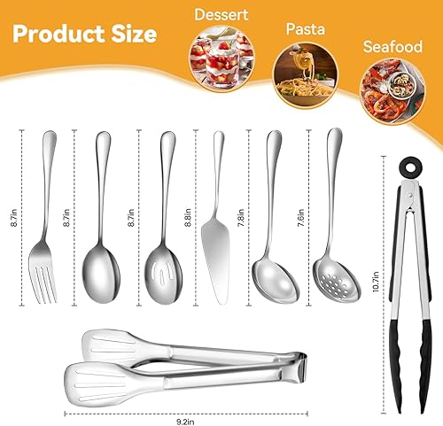 Miniatura 2 de Serving Utensils Set for Partie, Silver Stainless Steel Metal Serveware Large Serving Spoons, Slotted Spoons, Forks, Tongs, Soup and Skimmer Spoon