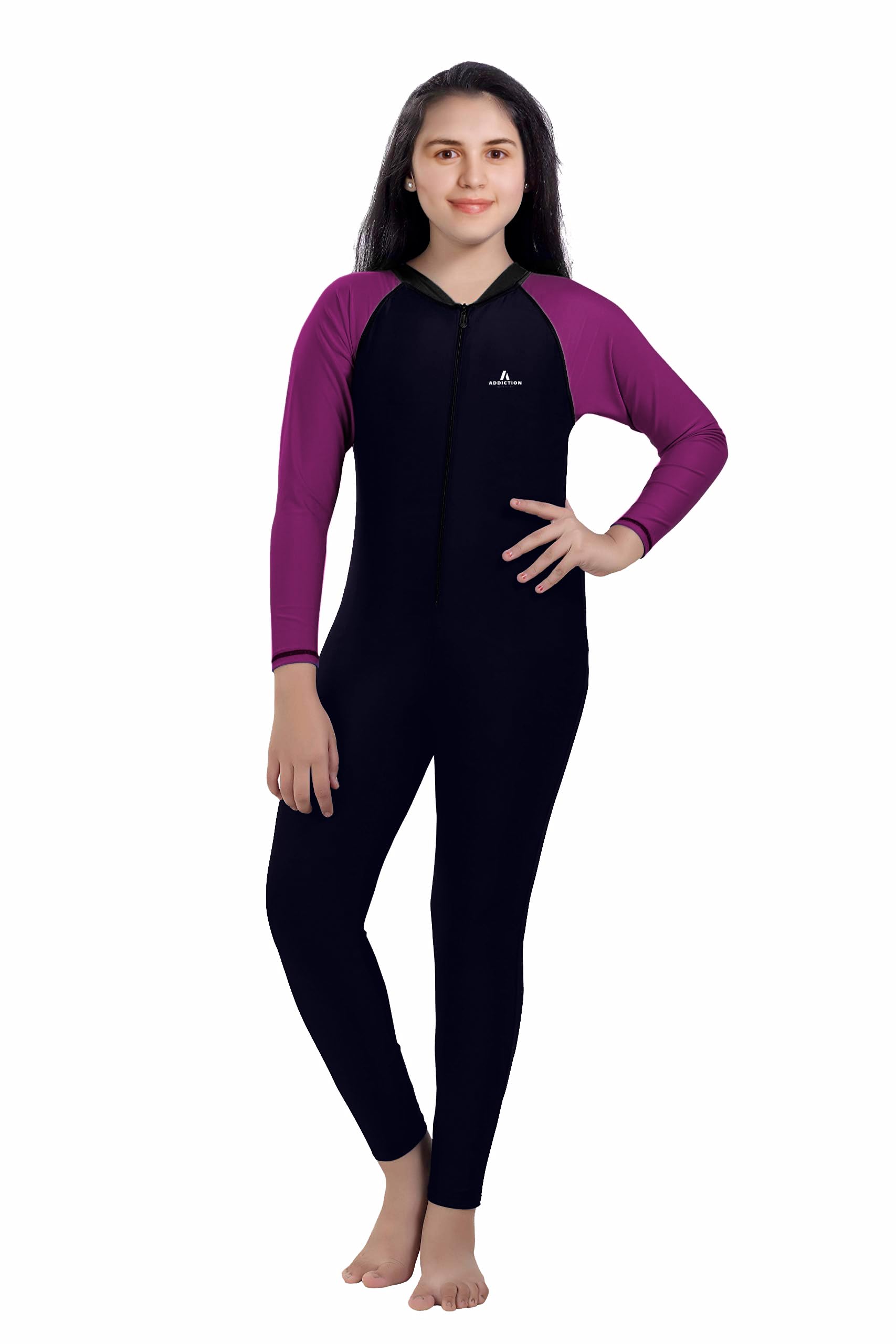 Women's Full Coverage Swimming Costume, One-Piece Swimsuit with Long Sleeves, Black with Contrast Raglan Sleeves
