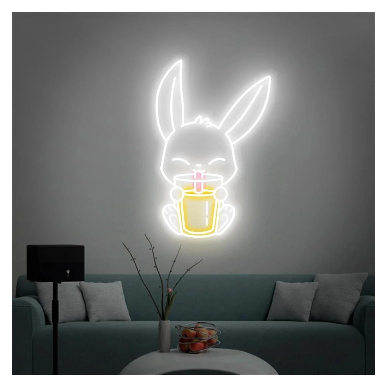 LEMST Signs Lamp Rabbit Drinking Milk Tea Neon Signs USB Powered Adjustable Brightness Bunny Neon Lights, Suitable for Wall Decor(A,55cm)