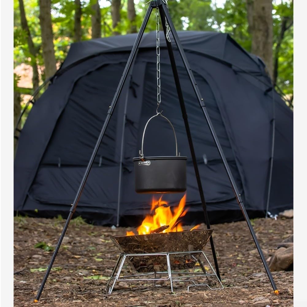 Trípode portátil para fogatas al aire libre con patas de aluminio ajustables en altura, uñas firmes para estabilidad del suelo y cadena ajustable para colgar utensilios de cocina