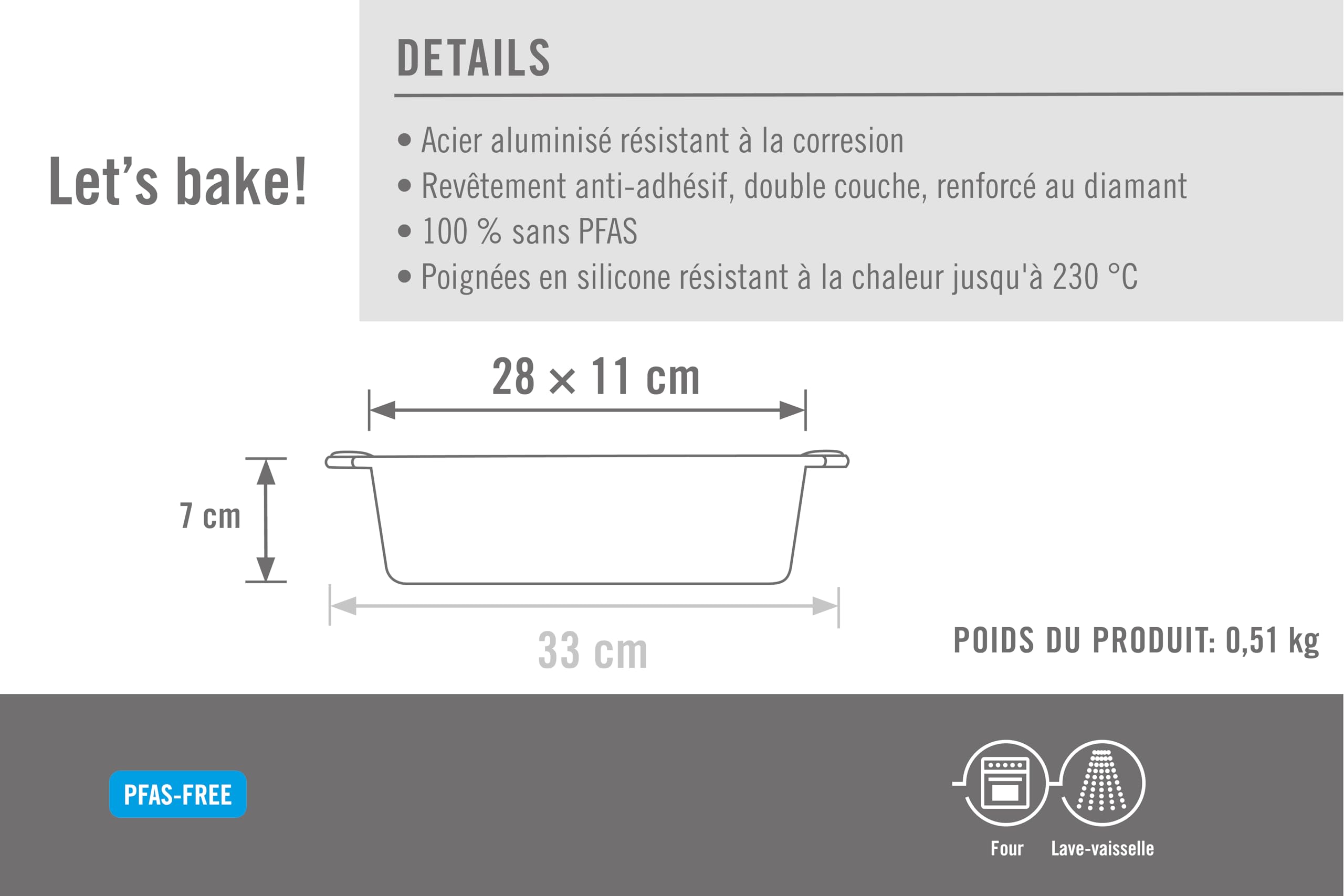 Woll – Bakeware moule à cake 28 cm – antiadhésif, acier aluminisé, poignées en silicone – sans PFAS – résiste jusqu’à 230 °C – noir