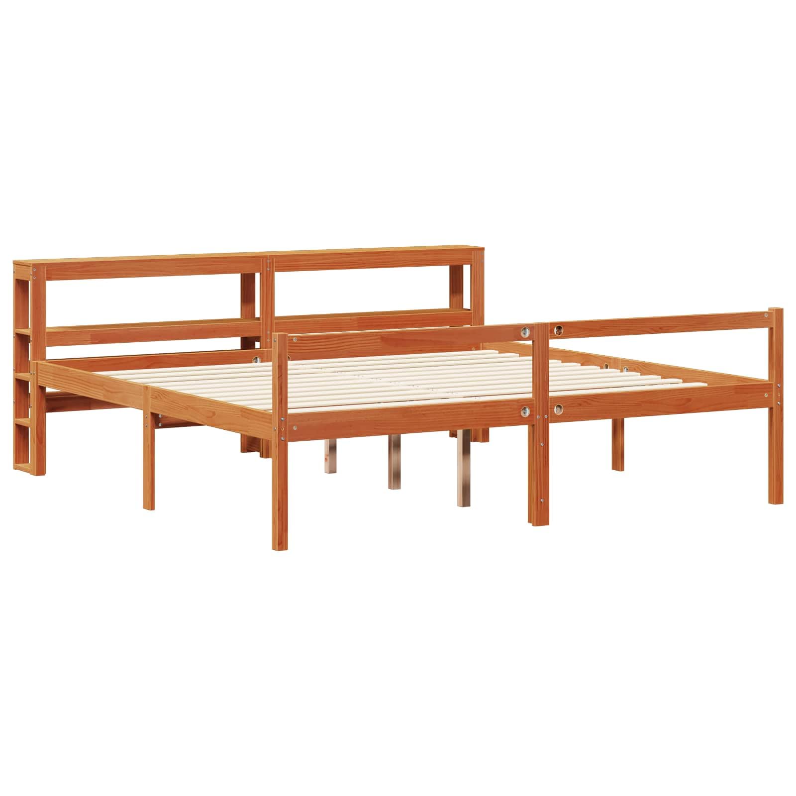 Telaio per letto con testiera in legno di pino massello marrone cerato, super king size 180 x 200 cm, con rete a doghe e vano portaoggetti, 2 cassetti sotto il letto, salvaspazio