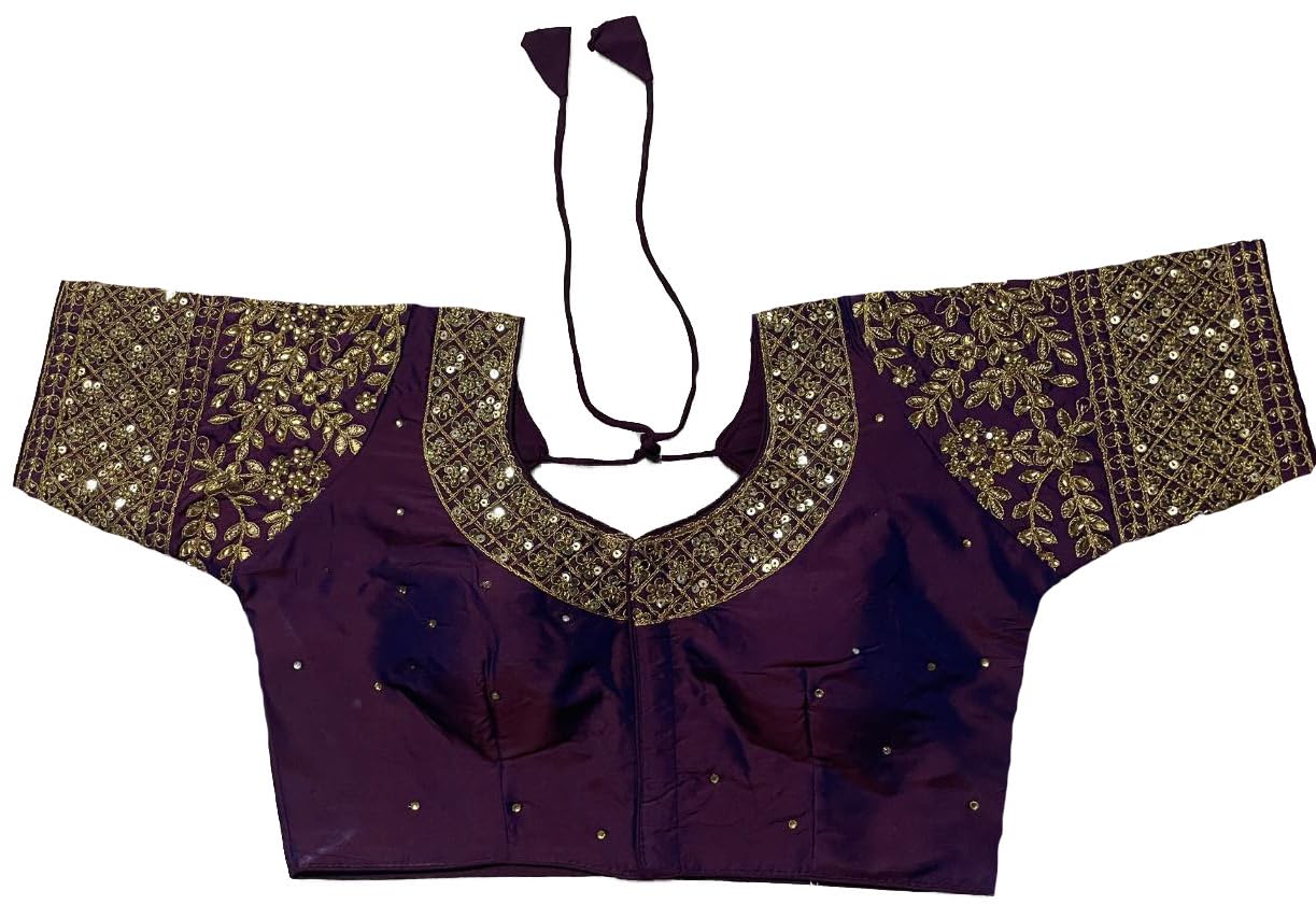 Pujia Mills Women's Heavy Embroidery Coding With Sequins Work Half Sleeves Fancy Readymade Saree Blouse (Wine, 38)
