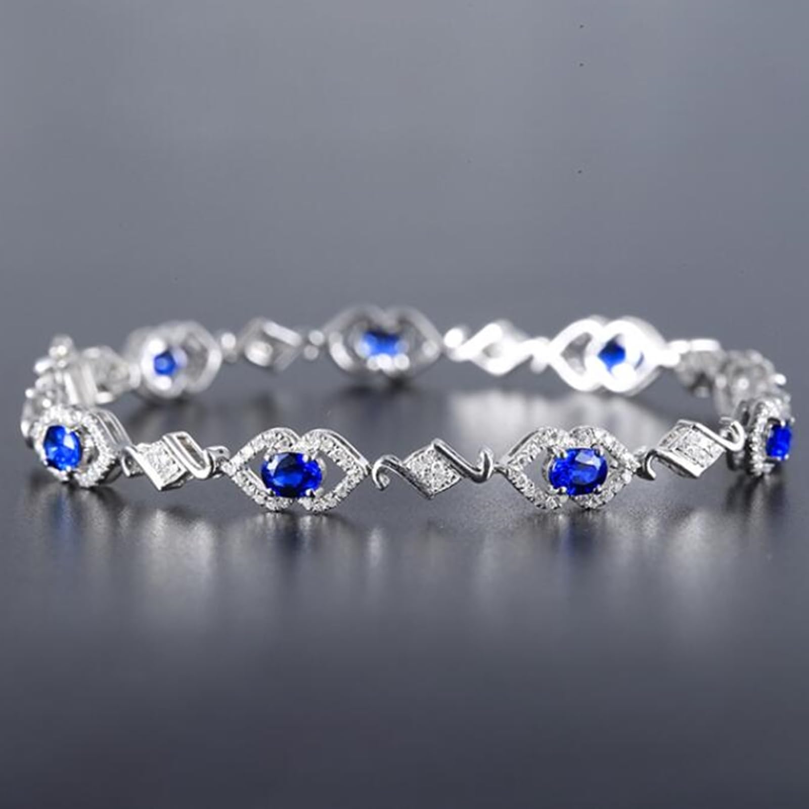 Bracciale Oro Bianco Donna 18k/14k/9k, Bracciale con Zaffiro 2.46ct 16-20 cm con Diamante, Braccialetti Sposa Fidanzati