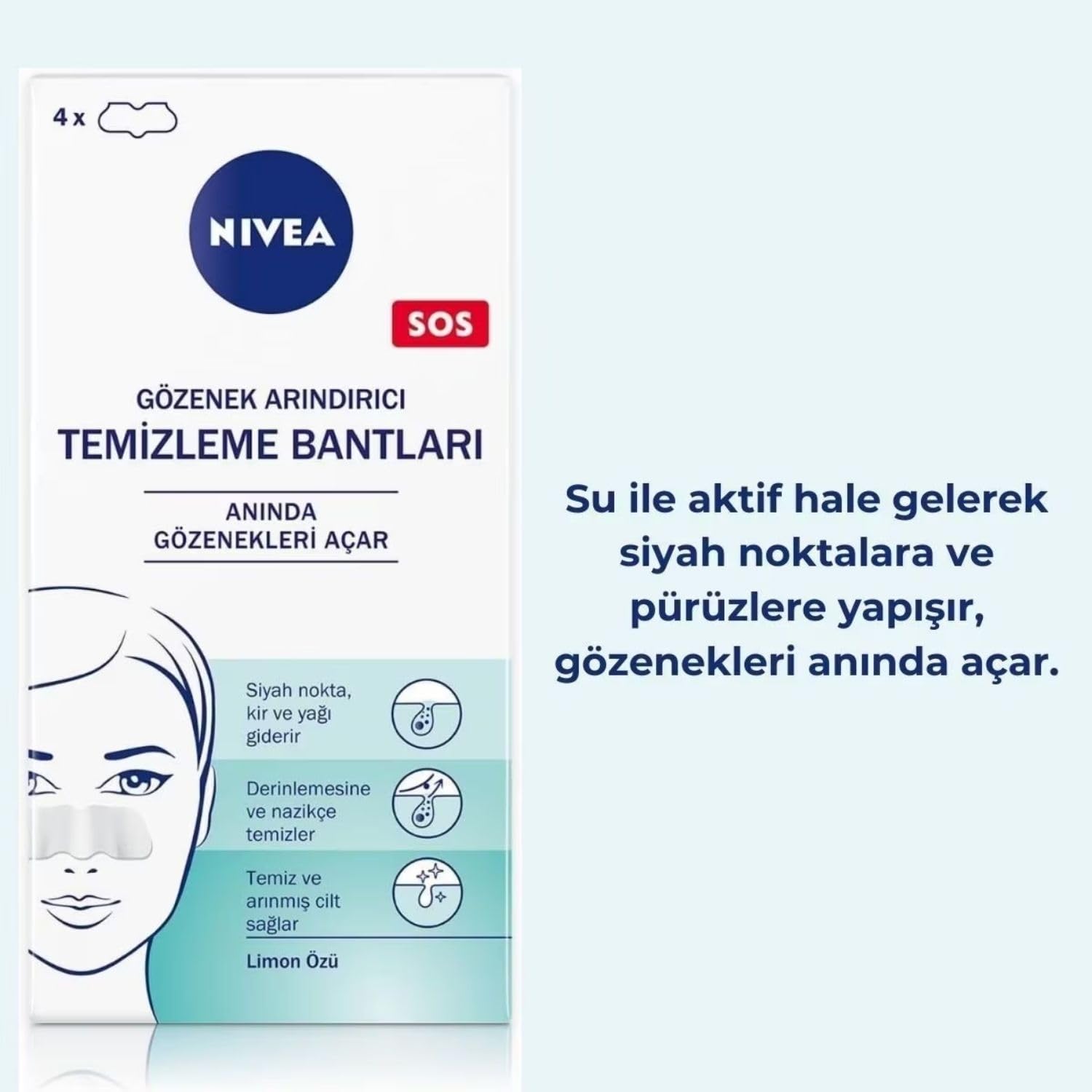 NIVEA Siyah Nokta Temizleyici Burun T-Bant, Gözenek Arındırıcı, Derinlemesine Temizlik, Limon Özü, 4 Adet