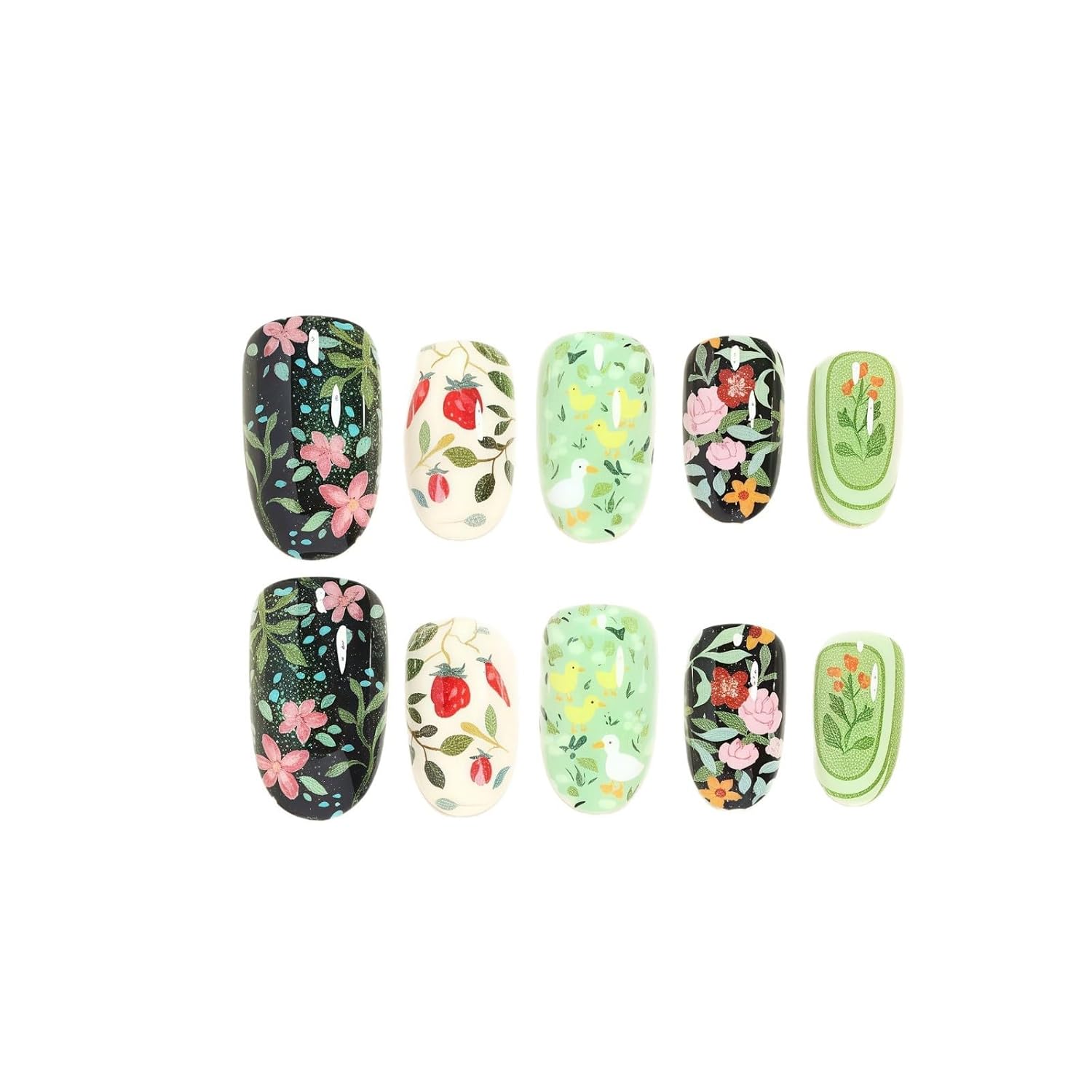 Green Press on Nails Short Oval Fake Nails Spring Floral False Nail with Cute Mini Duck Berry Design Glossy Full Cover Artistic Painting Stick on Nail for Women Manicure 24Pcs