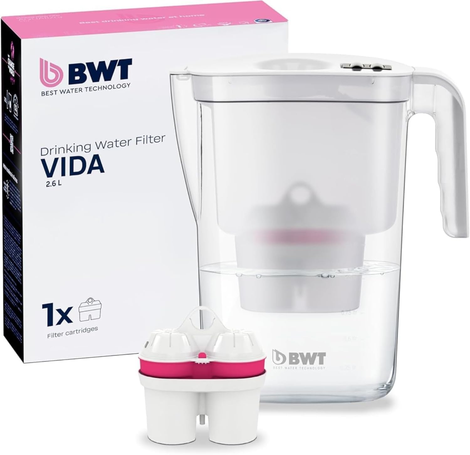 Carafe filtrante BWT Vida blanche avec 6 filtre magnésium – 2,6 l – améliore le goût de l’eau du robinet, réduit calcaire, chlore, métaux lourds – idéale cuisine, thé, café, fontaine à eau (1 Filtre)