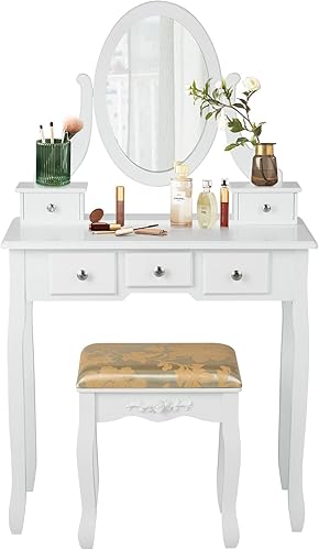 LDAILY Juego de mesa de tocador estable con espejo giratorio de 360 escritorio de maquillaje con taburete acolchado y 5 cajones para espacios