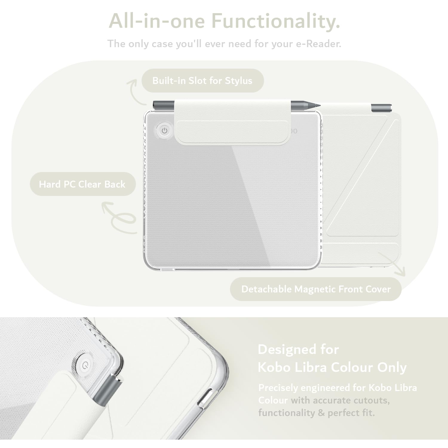 TUDIA M-FLIP Detachable Clear Magnetic Case for Kobo Libra Colour (2024) - [Auto Wake/Sleep] Shockproof Slim Transparent Back Magnetic Fold Cover with Stylus Holder (Off White) - 3