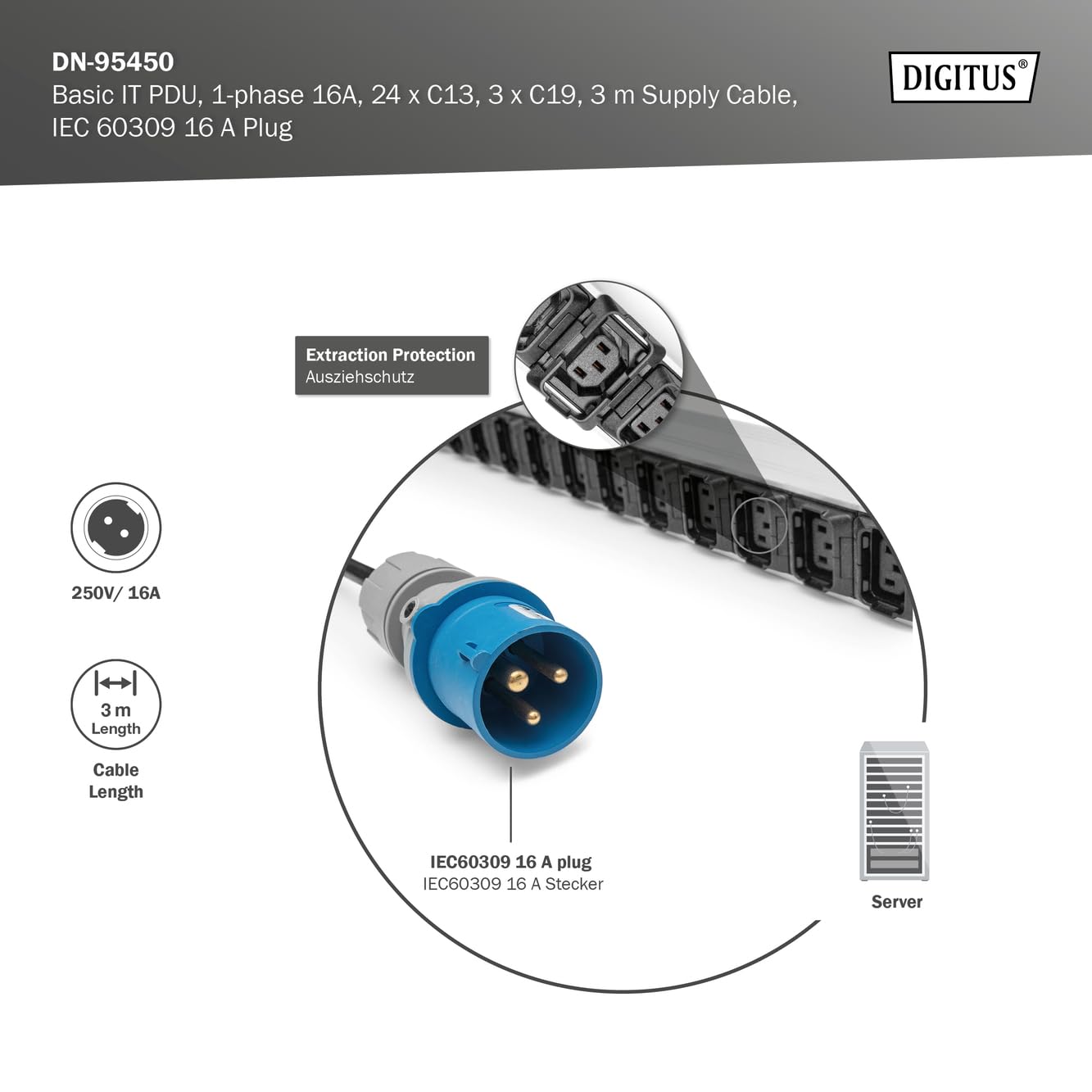 DIGITUS IT BASIC PDU VERTICAL 16A 1-PH 24XC13 3XC19 3M CABLE PLUG