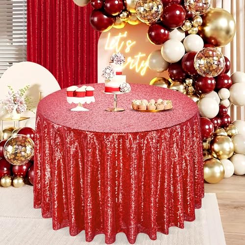 Image of B-COOL Red Sequin Tablecloth Round Table Decor - 120 Inch Sequence Fabric Decoration for Grilling Themed Party Buffet Baby Shower Christmas