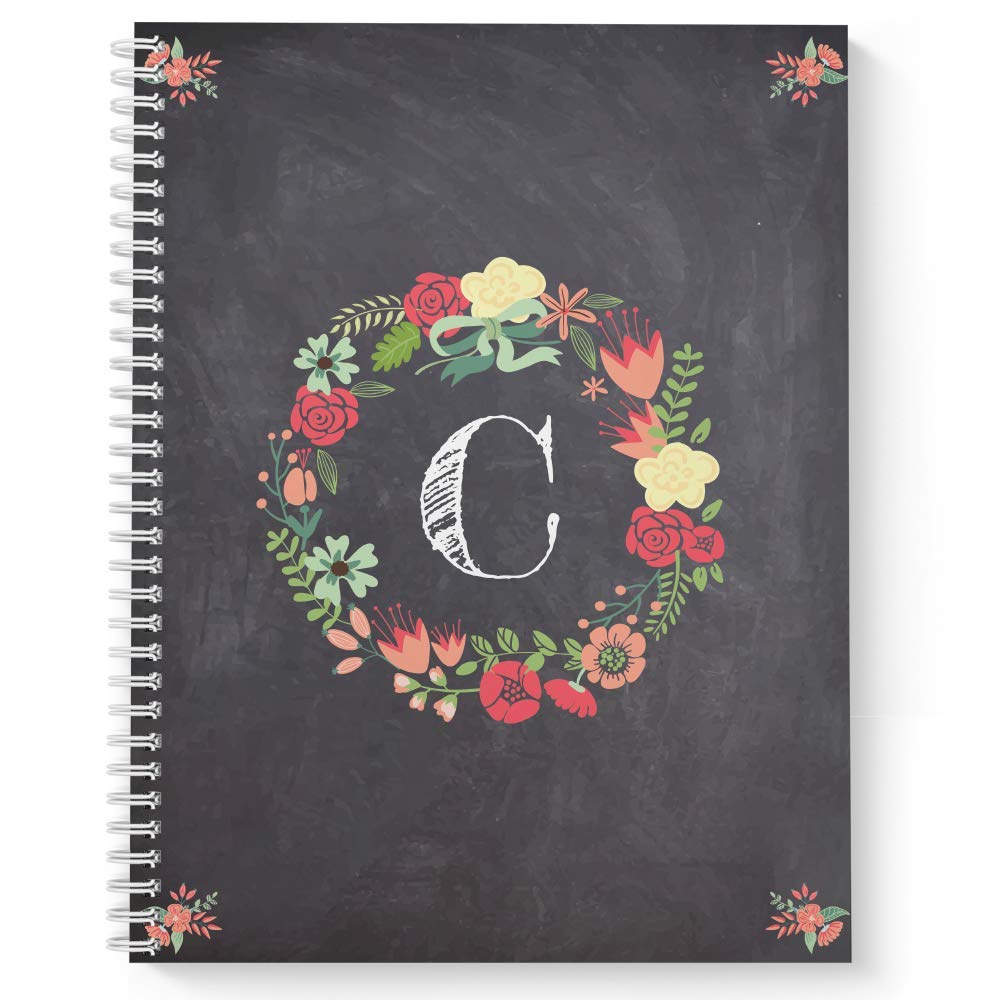 Floral Wreath Monogram "C" Notebook/Journal, Laminated Soft Cover, 120 Checklist pages, lay flat wire-o spiral. Size: 8.5” x 11”. Made in the USA