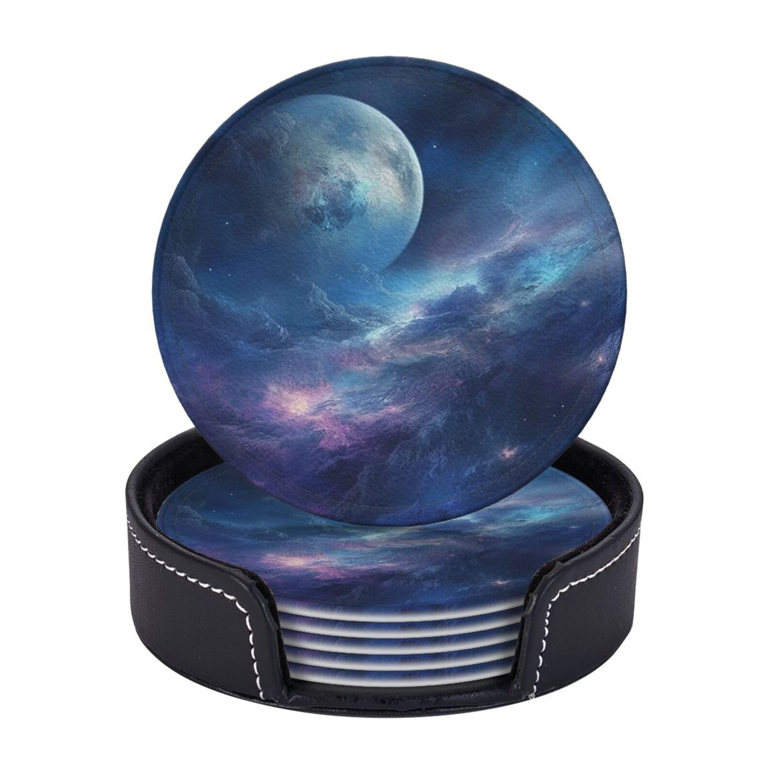 Round Coasters for Drinks Set of 6 - PU Leather Coasters with Holder - Modern Drink Coasters for Coffee Table - Nebula and Moon Coaster for Tabletop Protection 4" Cup Mat Pad