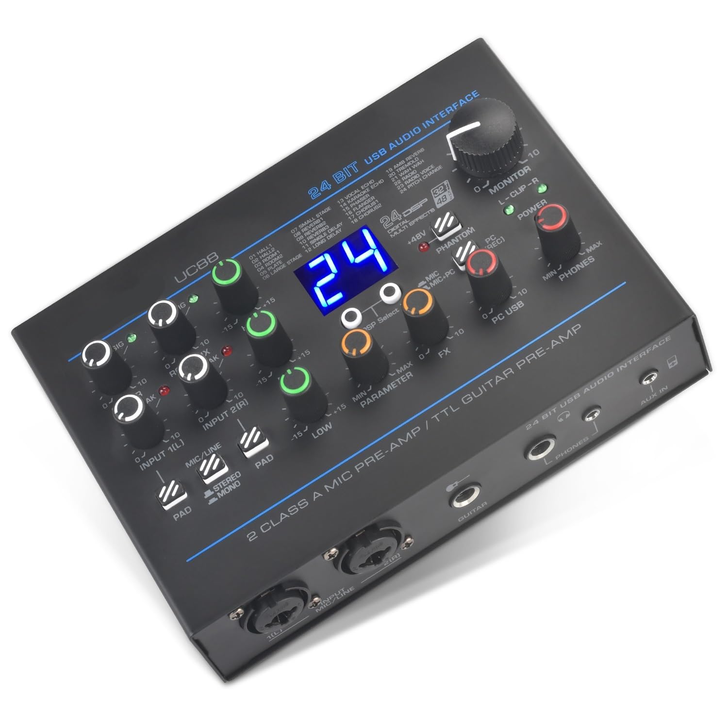 Interface Audio d'enregistrement de guitare à 5 canaux, 24 effets, égaliseur 3 bandes, 48V, Studio externe sans pilote