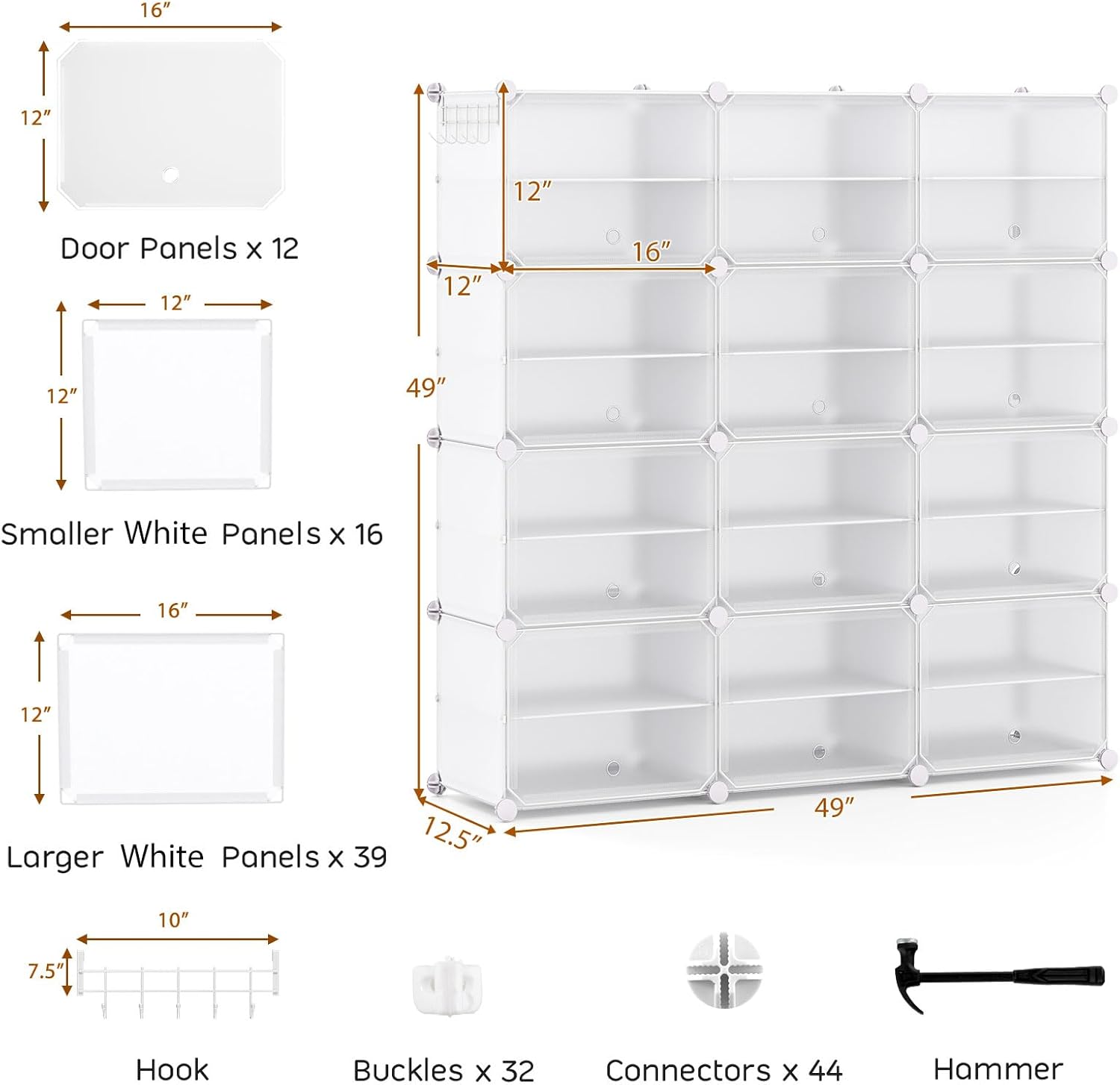 Tangkula 48 Pairs Shoe Rack Organizer, 12-Cube Shoe Storage Cabinet with Removable Shelf, 5 Hanging Hooks, DIY Shoe Shelves with Doors, 24 Tiers Free Standing Shoe Tower Rack for Entryway (White)