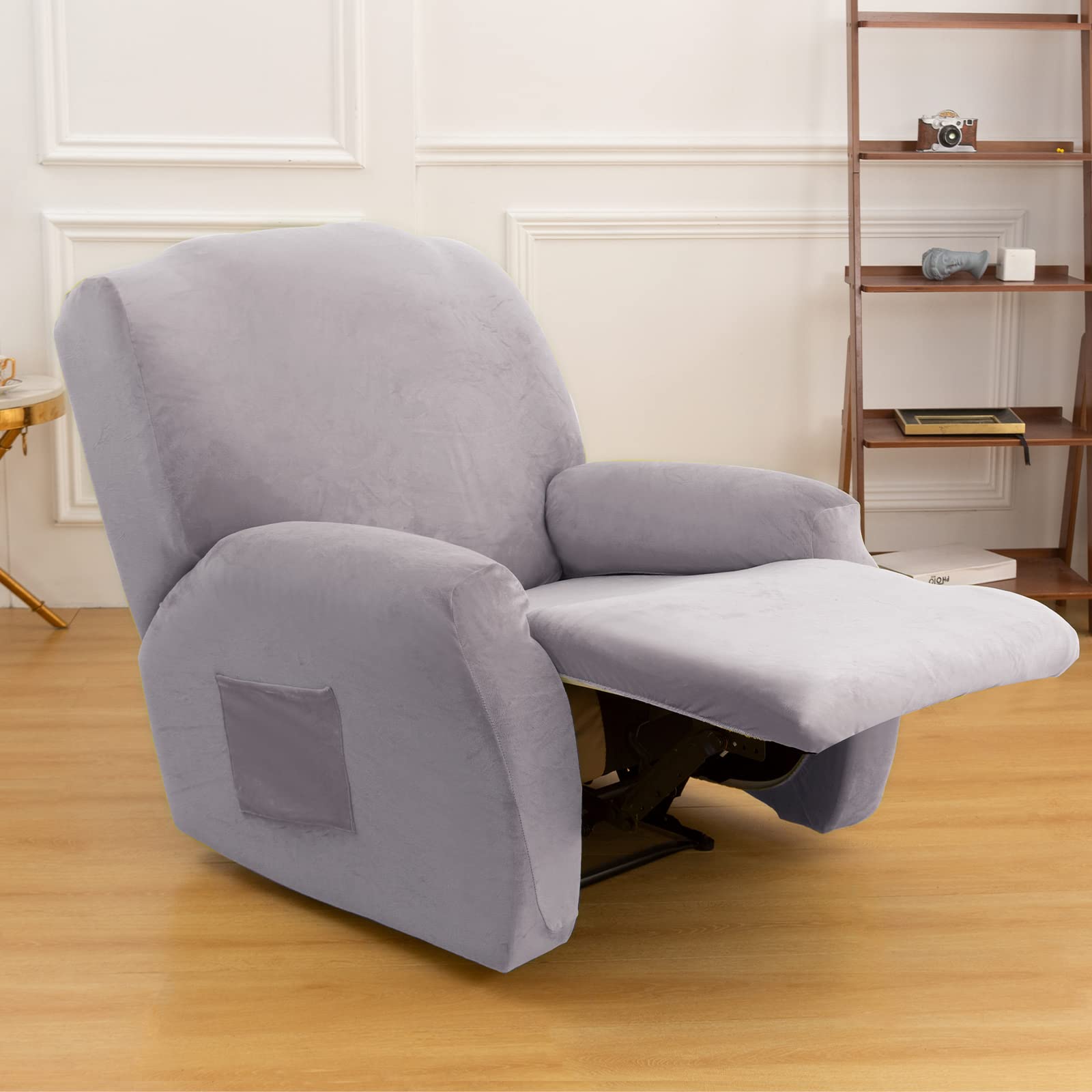 Jianyana Velluto Copripoltrona Relax Reclinabile Universale in 4-Pezzo，Premium Copripoltrona elettrica reclinabile Antiscivolo 1 Posto, Fodera per Poltrona Reclinabile (grigio)