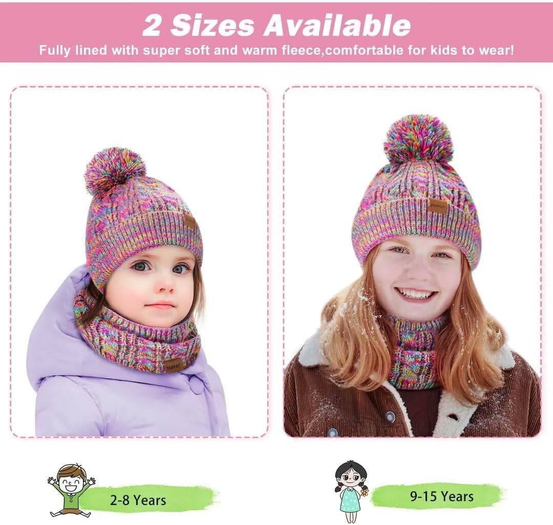 Kids Winter Hat Gloves Scarf Set,Girls Toddler Children Hats Beanie with Pom Knit Neck Warmer Gaiter Mittens Fleece Lined Set - Image 5